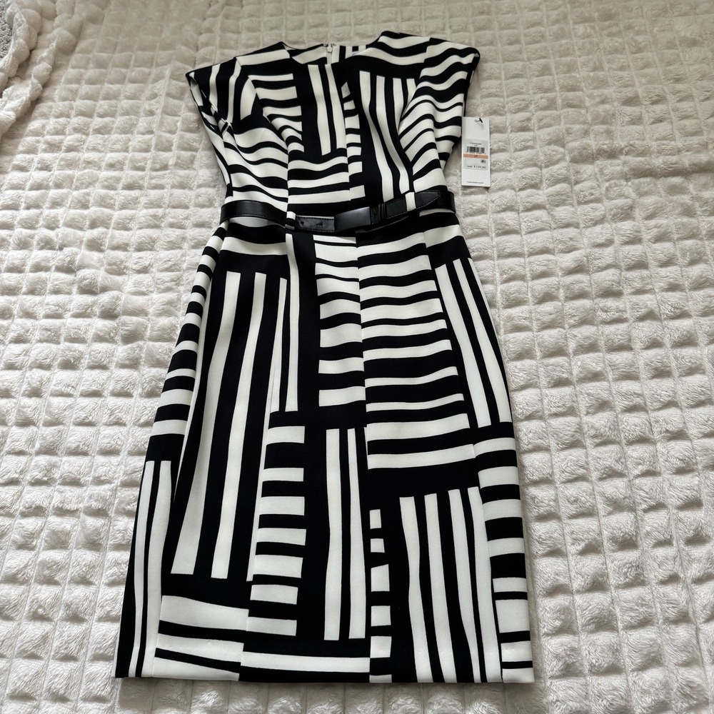 New CALVIN KLEIN 2 Petite Black White Cap Sleeve Scuba Sheath Midi Dress Belt - Picture 4 of 10